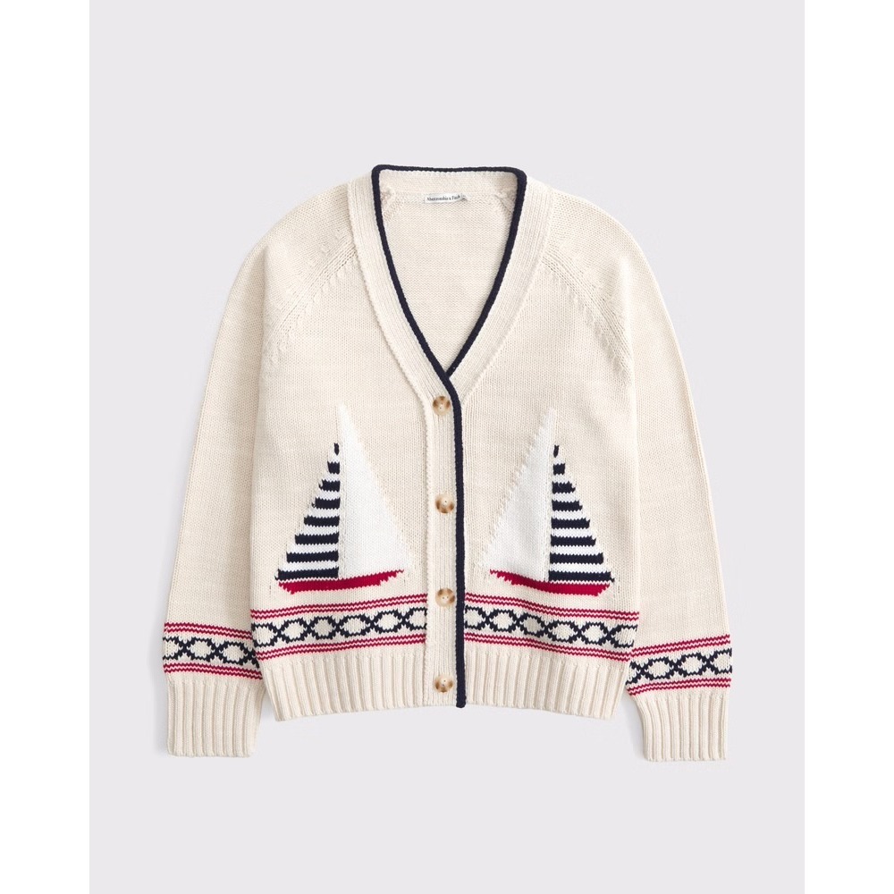 Abercrombie & Fitch Nautical Sailboat Cardigan Sweater Cream Navy Red Medium